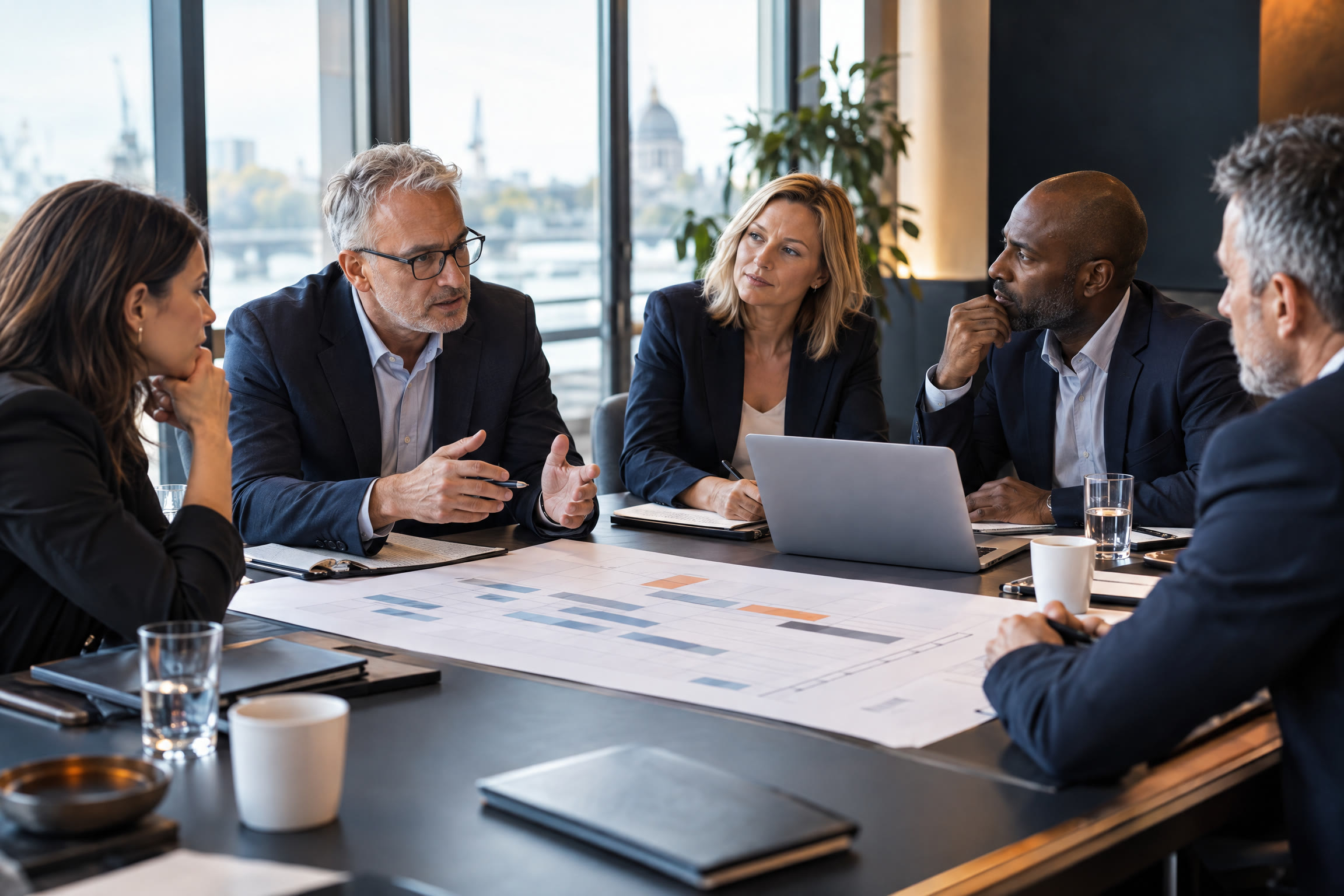 Erfahrene Projektleitende besprechen Portfolio-Prioritäten in einer Masterclass.